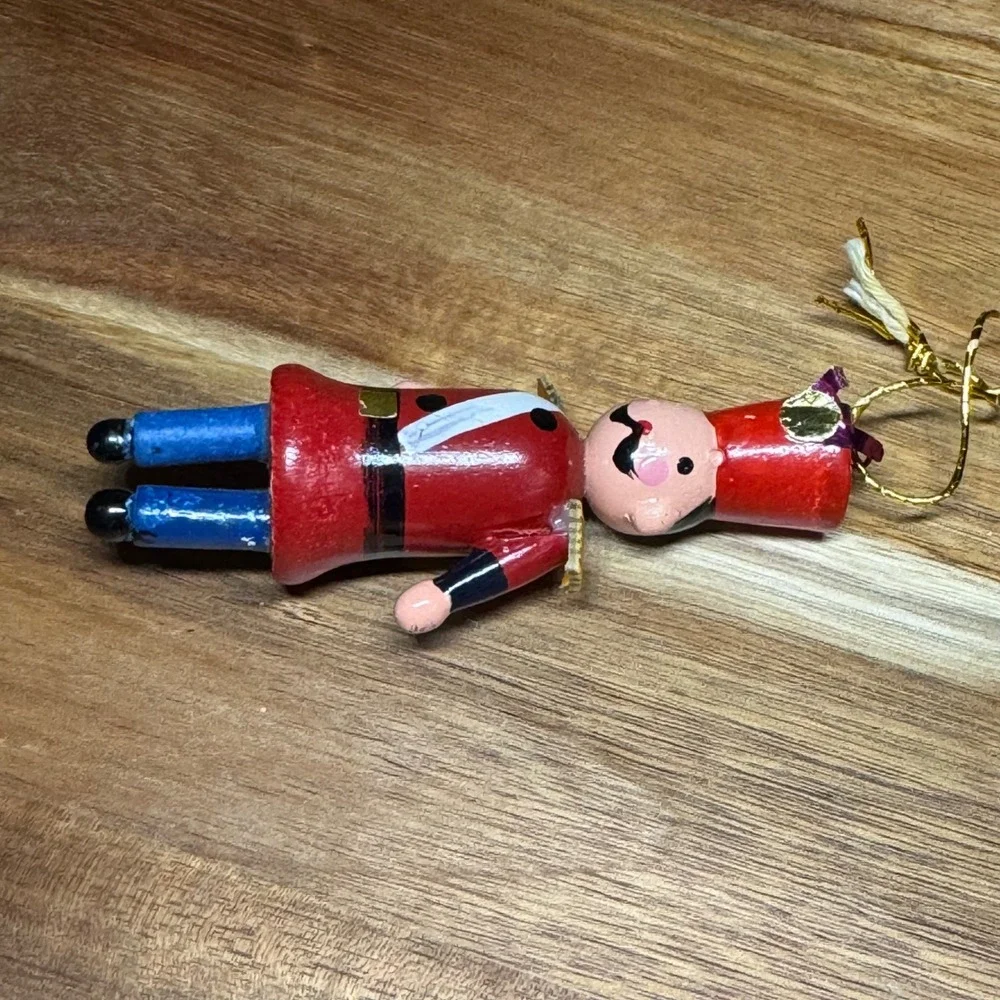 Vintage Wooden Toy Soldier Christmas Ornament Red Uniform Hand Painted 3.5 Inch